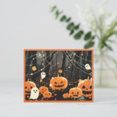 Jack O' Lanterns and Ghosts in Halloween Forest Briefkaart (Staand voorkant)
