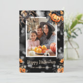 Jack-O'-Lanterns Spinnen Webs Foto Halloween Kaart (Staand voorkant)