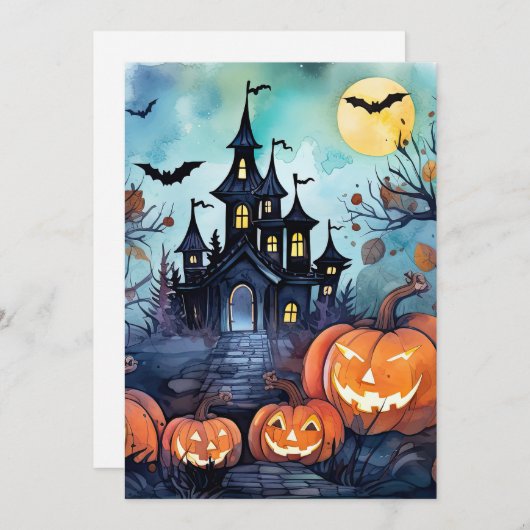 Jack O'Lanterns Bats Haunted Mansion Halloween Feestdagenkaart (Voorkant / Achterkant)