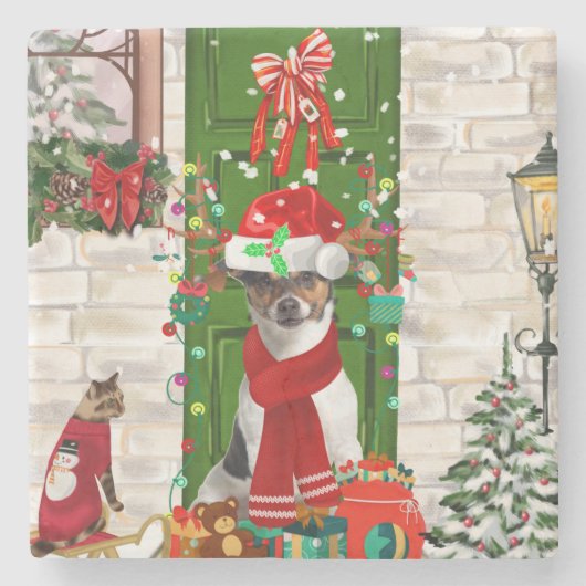 Jack Russell Dog Kerstmis Stenen Onderzetter (Voorkant)
