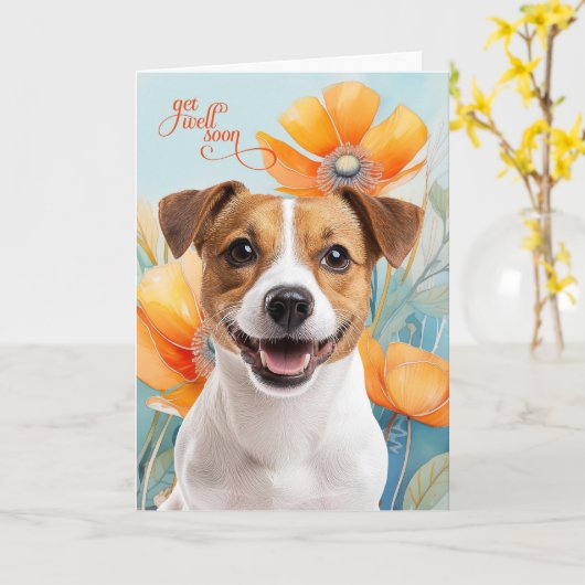 Jack Russell Dog Orange Poppy Flowers Get Well Kaart (Gele Bloem)