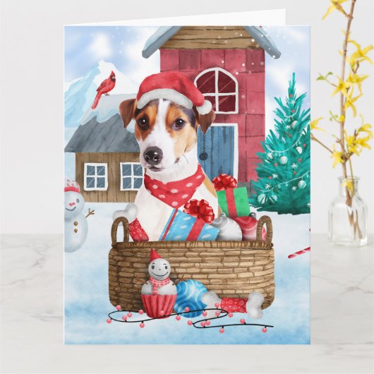 Jack Russell-hond in sneeuw Kerstmis Hondenhok Kaart (Gele Bloem)