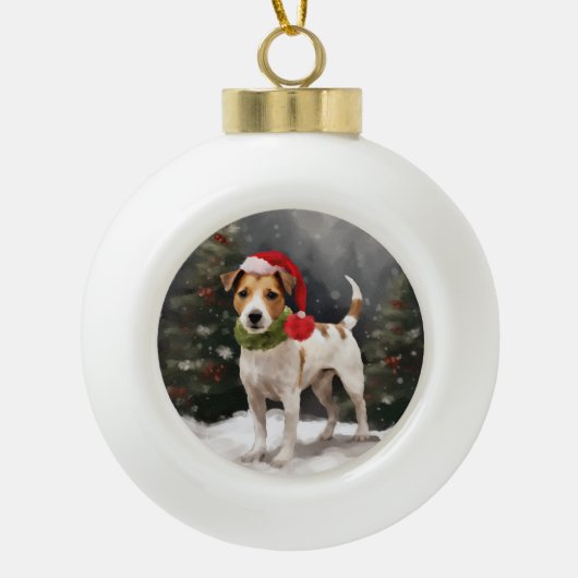 Jack Russell Hond in Sneeuw Kerstmis Keramische Bal Ornament (Voorkant)