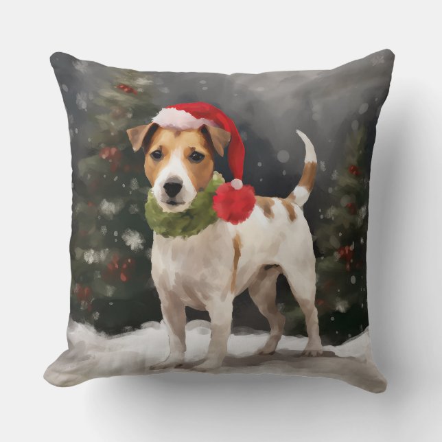 Jack Russell Hond in Sneeuw Kerstmis Kussen (Voorkant)