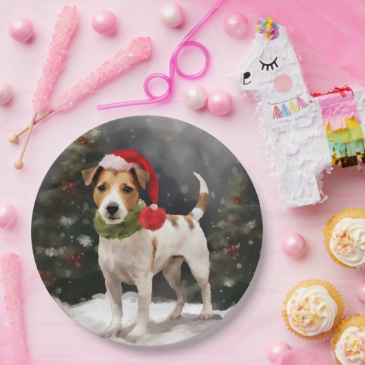 Jack Russell Hond in Sneeuw Kerstmis Papieren Bordje (Feest)