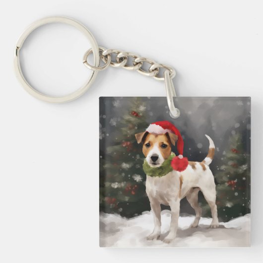 Jack Russell Hond in Sneeuw Kerstmis Sleutelhanger (Voorkant)
