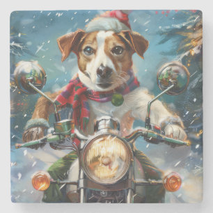 Jack Russell Hond Rijden Motorfiets Kerstmis Stenen Onderzetter