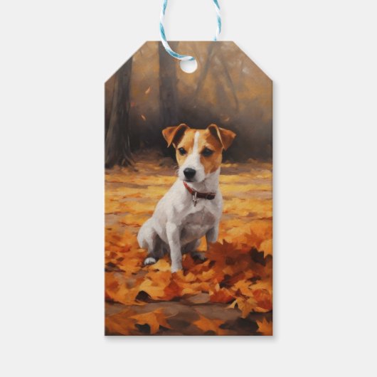 Jack Russell in de herfst laat Herfst inspireren Cadeaulabel (Voorkant)