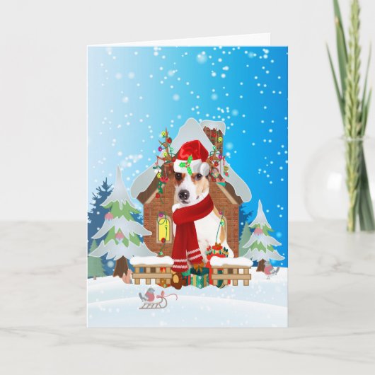 Jack Russell in sneeuw met kerstcadeaus Kaart (Voorkant)