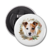 Jack Russell Kerstkrans feestelijke pup Button Flesopener (Voorkant)