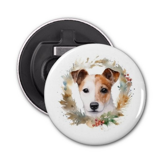 Jack Russell Kerstkrans feestelijke pup Button Flesopener (Voorkant)