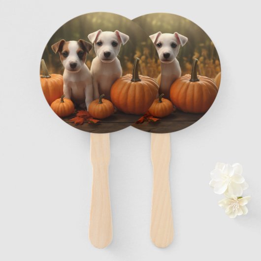 Jack Russell Puppy Herfst Delight Pompoen Handwaaier (Voorkant en achterkant)