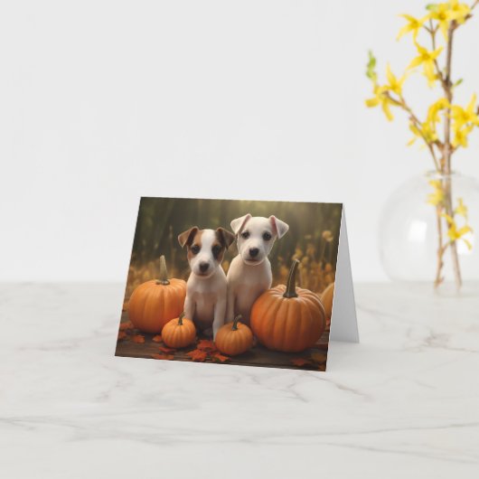 Jack Russell Puppy Herfst Plezier Pompoen Kaart (Gele Bloem)