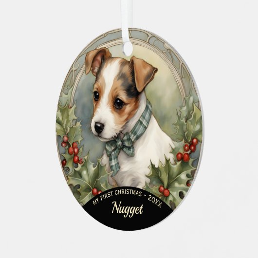 Jack Russell Puppy's eerste kerst Ornament (Voorkant links)