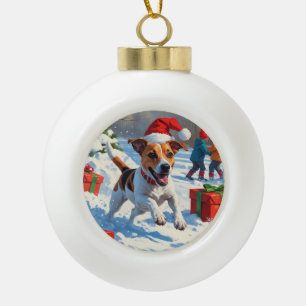 Jack Russell Rent in de Sneeuw met Kerstmuts Keramische Bal Ornament