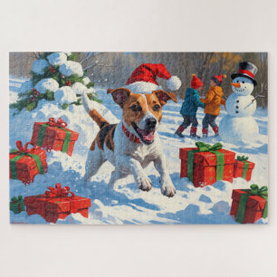 Jack Russell Rent in de Sneeuw met Kerstmuts Legpuzzel