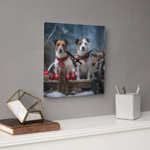 Jack Russell Sneeuw Sleigh Kerst Decoratie Vierkante Klok