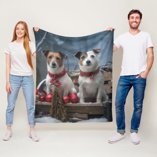 Jack Russell Snowy Sleigh Kerstdecoratie Fleece Deken (In situ)