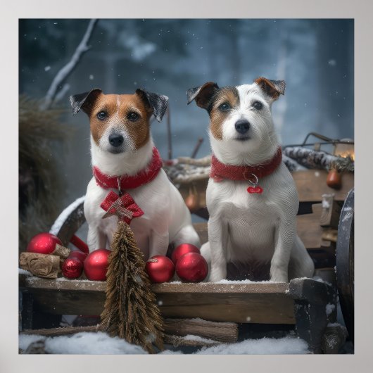 Jack Russell Snowy Sleigh Kerstdecoratie Poster (Voorkant)