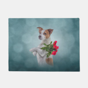 Jack Russell Terrier dog houdt een bloemenpak vast Deurmat