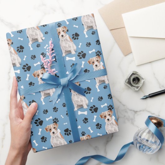 Jack Russell Terrier Dog Paw Print Pattern op Blue Cadeaupapier (Geschenken)