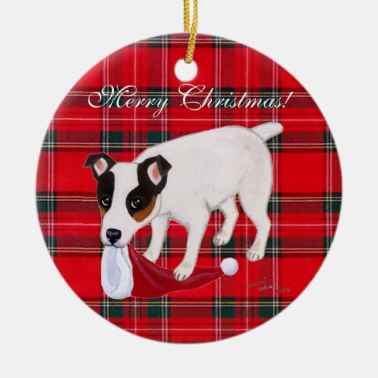 Jack Russell Terrier kersttartan Keramisch Ornament (Voorkant)