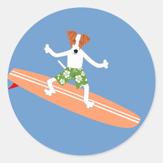 Jack Russell Terrier Longboard Surfer Ronde Sticker (Voorkant)