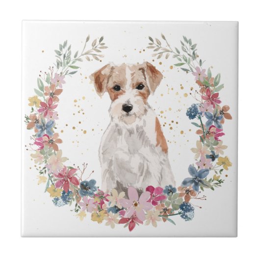 Jack Russell Terrier Spring Flowers Wreath Tegeltje (Voorkant)