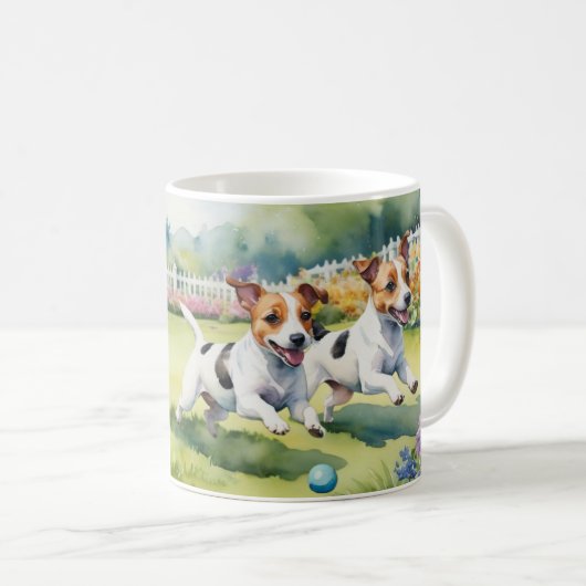 Jack Russell Terriers Speelse honden Waterverf Koffiemok (Voorkant rechts)