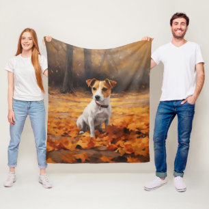 Jack Russell tussen vallende herfstbladeren inspir Fleece Deken