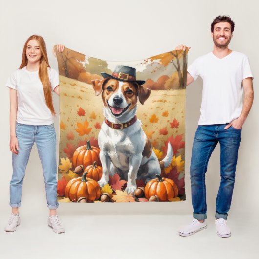 Jack Russell verlaat in de herfst de Thanksgiving Fleece Deken (In situ)