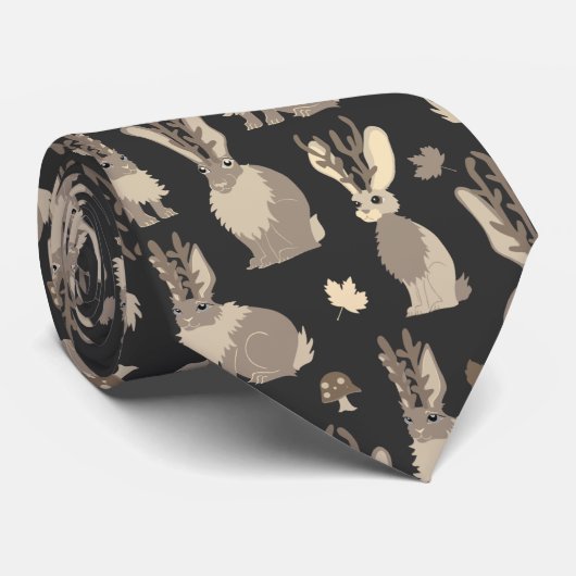 Jackalope Forest Funny Mythical Rabbit Print Black Stropdas (Opgerold)