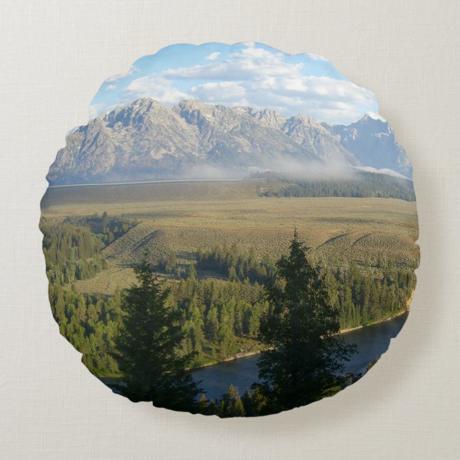 Jackson Hole Mountains en River Rond Kussen (Voorkant)