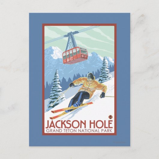 Jackson Hole, Wyoming Skier en Tram Briefkaart (Voorkant)
