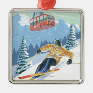Jackson Hole, Wyoming Skier en Tram Metalen Ornament