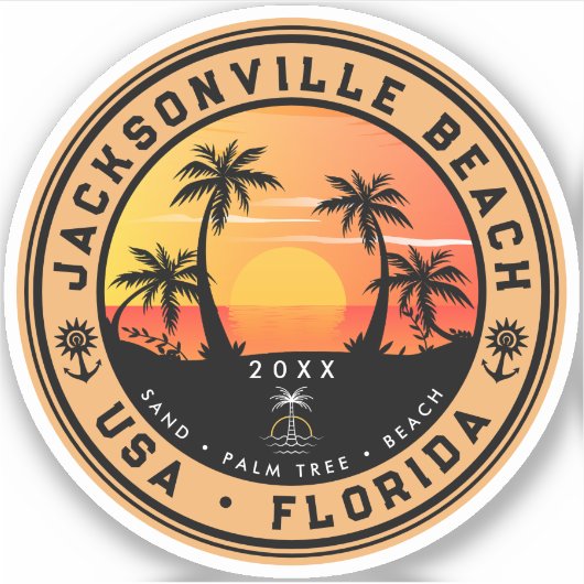 Jacksonville Beach Florida Retro Sunset Palm 80s Sticker (Voorkant)