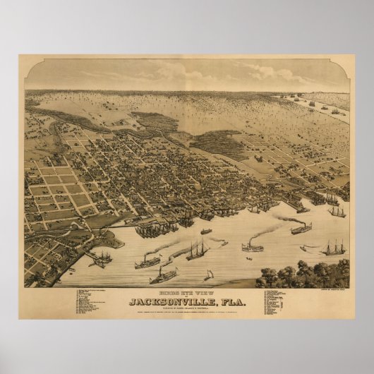 Jacksonville, FL Birdseye Map, Circe 1874 Poster (Voorkant)