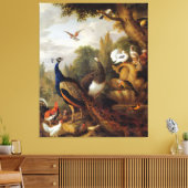 Jacob Bogdani Peacock Peahen Parrots Canary Canvas Afdruk (Insitu (Woonkamer))
