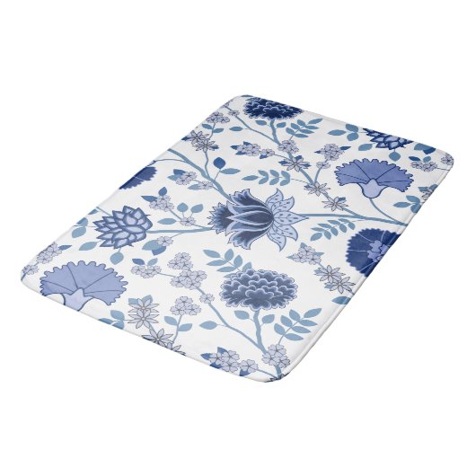 Jacobean Bloemen LG Patroon Blauw op Wit Badmat (Gekanteld)