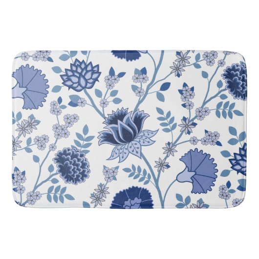 Jacobean Bloemen LG Patroon Blauw op Wit Badmat (Voorkant)