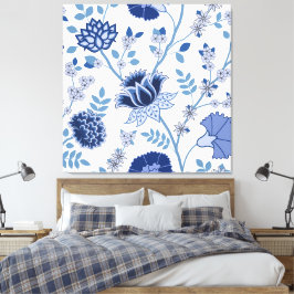 Jacobean Bloemen LG Patroon Blauw op Wit Canvas Afdruk