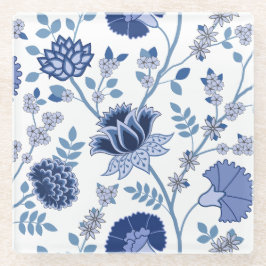 Jacobean Bloemen LG Patroon Blauw op Wit Glazen Onderzetter