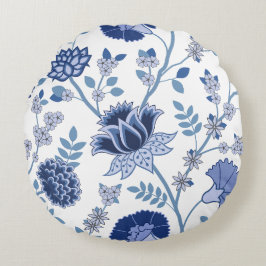 Jacobean Bloemen LG Patroon Blauw op Wit Rond Kussen