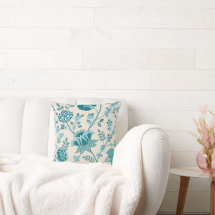 Jacobean Bloemen LG Patroon Teals op Cream Kussen