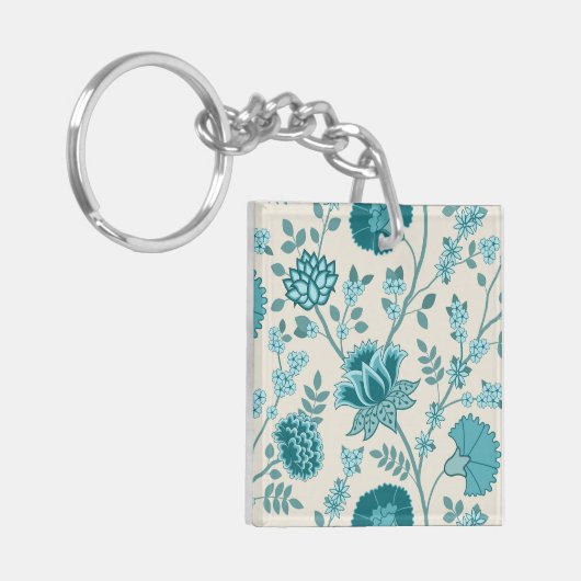 Jacobean Bloemen LG Patroon Teals op Cream Sleutelhanger (Voorkant Links)