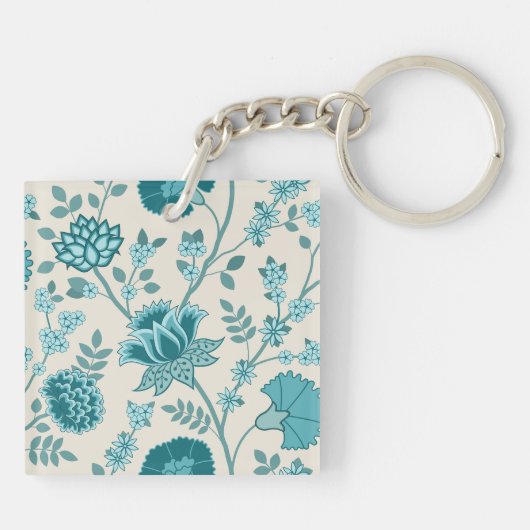 Jacobean Bloemen LG Patroon Teals op Cream Sleutelhanger (Achterkant)