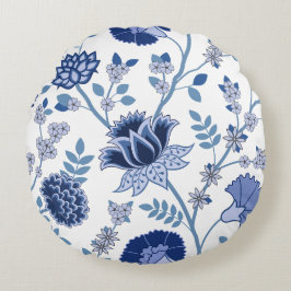 Jacobean Floral 2Way Pattern Blues on White Rond Kussen