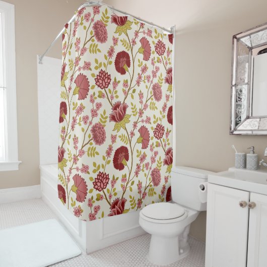Jacobean Floral Big Pattern Reds Pinks Gold Cream Douchegordijn (In situ)