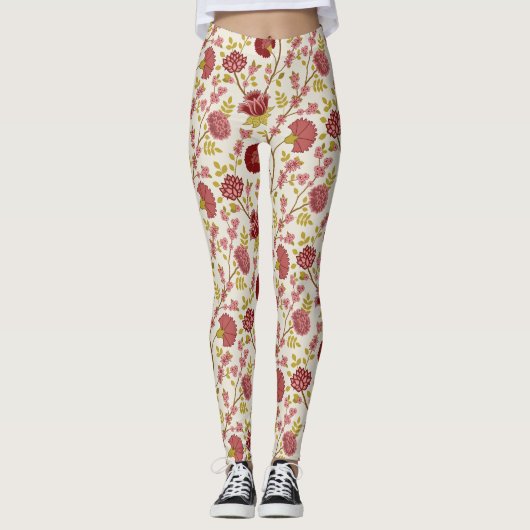 Jacobean Floral Big Pattern Reds Pinks Gold Cream Leggings (Voorkant)