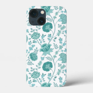 Jacobean Floral Big Pattern Teals op wit iPhone 13 Mini Hoesje